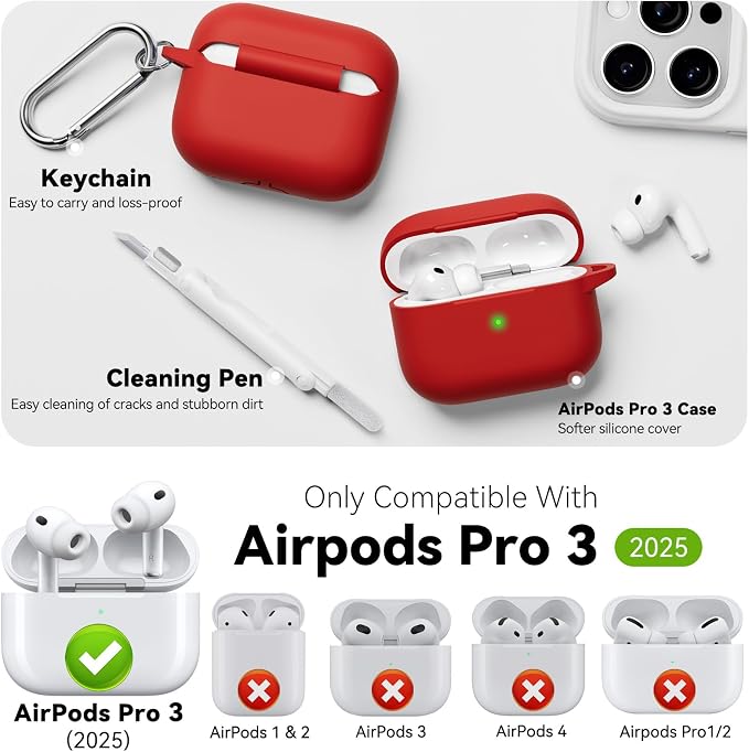 for AirPods Pro 3 Case 2025,Come with Cleaner Kit,Red | Silicone Protective Cover for Airpod Pro 3rd Generation Case with Keychain,for Women Men,One-Piece Design,Shockproof