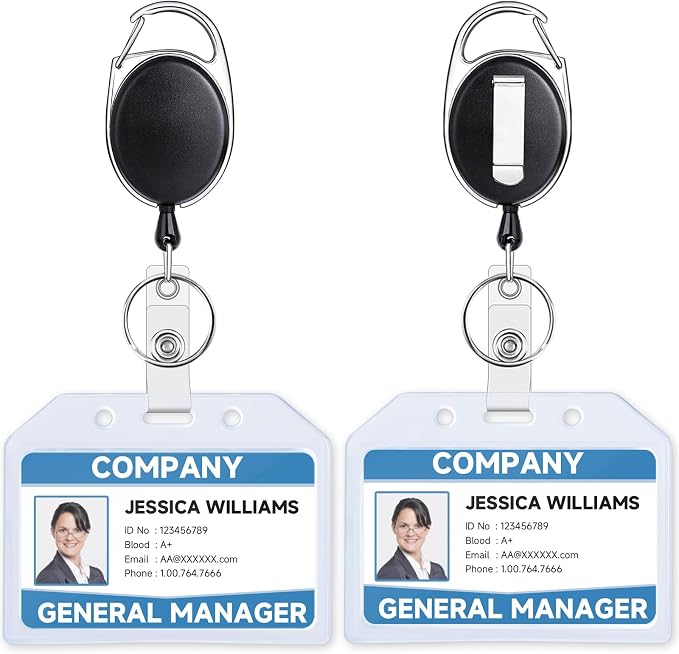 Teskyer 2 Pack Heavy Duty Retractable Badge Holders with Carabiner Reel Clip and Extra Thick Clear Name Tag ID Card Holders, Horizontal