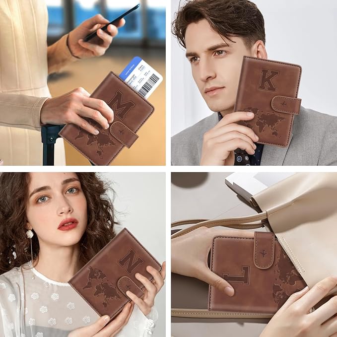 Passport Holder Wallet Cover Personalized Initial Travel Essentials | Embossed Letter A-Z Design, Travel Wallets, RFID Blocking, Passport Book Holders, Women Men, Personalized Gifts, Brown-N