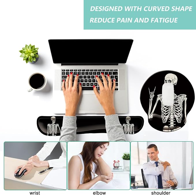 Keyboard Wrist Rest Pad Mouse Pad with Wrist Support Set of 3, Mousepad with Non-Slip Rubber Base, Ergonomic Memory Foam Mouse Wrist Cushion Support for Home Office Laptop Computer, Human Skeleton