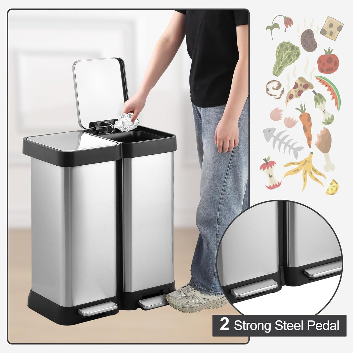Kitchen Trash Can, 2 x 7.93 Gal (2 x 30L) Dual Trash Can with Recycle Bin, Stainless Steel Garbage Can, Fingerprint-Resistant Soft-Close Dual Recycling Bins for Kitchen