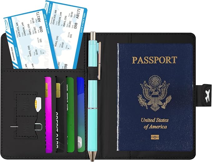 Passport Holder, Cute Travel Wallet Cover with RFID Blocking,Black | PU leather travel wallet with magnetic closure, card slots, pen loop, and easy access for passports and essentials.