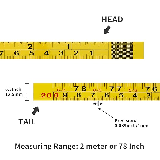 2 Packs Steel Self-Adhesive Measuring Tape, Right to Left Reading | 200cm or 78-Inch Imperial and Metric Tape Measure, 1/2-Inch Peel and Stick Ruler Tape for Woodworking, Drafting Table, Yellow