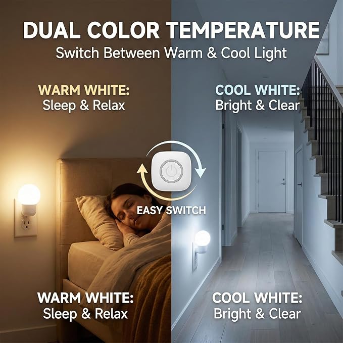 LED Night Lights Plug into Wall 2-Pack, Warm White/Cool White Adjustable，Tool Free Setup Plug in Night Light，1W Bright Nightlight for Adults Room Bedroom Bathroom Hallway Kitchen