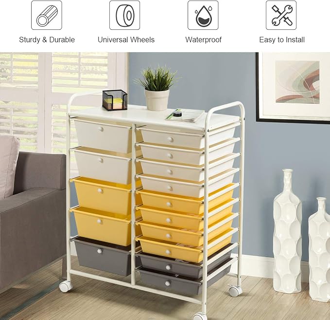 RELAX4LIFE 15 Drawer Rolling Storage Cart, Mobile Drawer Carts for Craft Art Supply Paper Salon, Utility Cart on Wheels for Classroom Teacher School Office, Rolling Cart with Drawers (Yellow)
