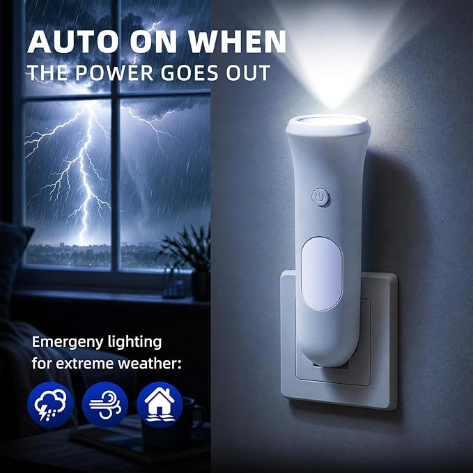 ROSSEX 4 in 1 Emergency Lights for Home Power Failure, 1 Pcs Rechargeable LED Flashlight Plug in Wall, Automatic Turn-On Power Outage Night Light Flashlight for Hurricane Preparedness Items