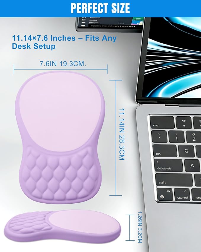 Ergonomic Mouse Pad with Sloped Memory Foam Wrist Rest, Purple&Grey | 3D Textured Wrist Cushion, Smooth Lycra Surface, Non-Slip PU Base, Comfortable Support for Office/Home Computer Desks