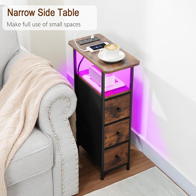 Narrow End Table with Charging Station, Small Nightstand | Skinny Side Tables Living Room with 3 Fabric Drawers, Bedside Table with LED Lights for Bedroom, Small Spaces, Rustic Brown