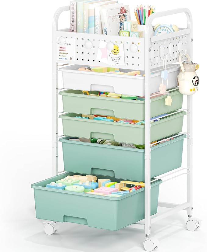 5 Drawer Rolling Storage Cart with Pegboard Top and Hooks, Gradient Green | Mobile Organizer Cart with Wheels for Office Supplies, Craft Storage, Classroom Organization, Home Utility Cart