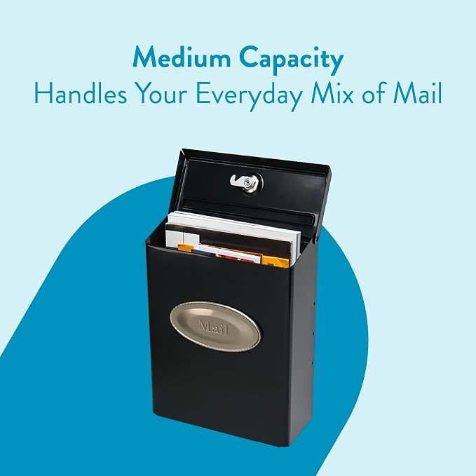 Architectural Mailboxes Designer Galvanized Steel, Locking Wall Mount Mailbox, Black with Satin Nickel
