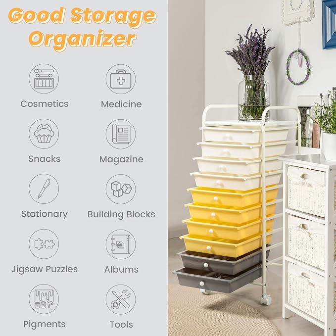 COSTWAY 10-Drawer Rolling Storage Cart, Utility Mobile Trolley | Removable Drawers & Universal Casters & 2 Brakes, Versatile Flexible Drawer Organizer Cart for Home, Office (Yellow)