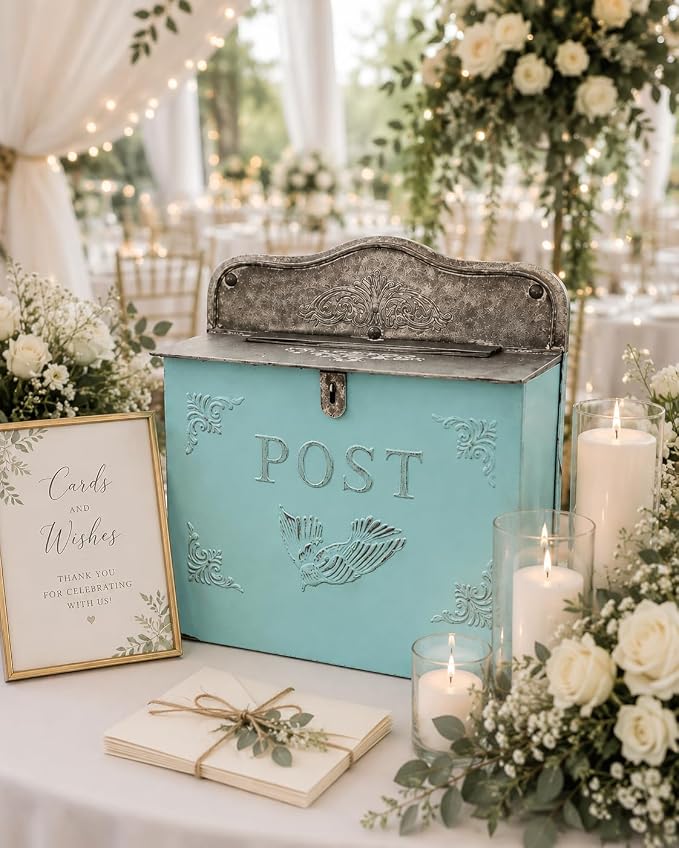 Vintage Style Wedding Card Box – Nostalgic Farmhouse Keepsake Holder for Cards, Wishes & Treasured Moments (Bue Horizontal)