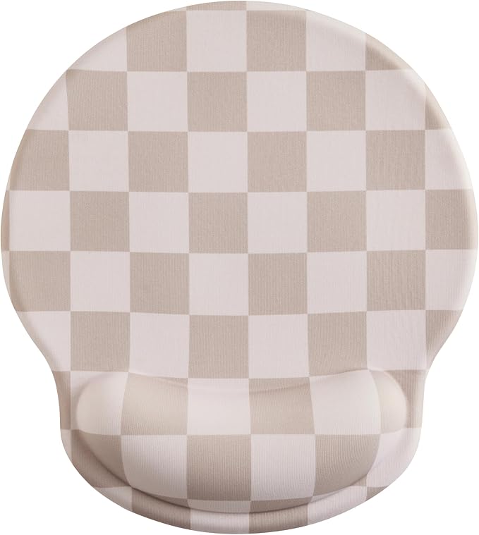 Ohocut Beige Khaki Checkered Mouse Pad with Gel Wrist Rest, Wrist Support, Ergonomic Desk Accessories for Women, Office Laptop Gaming Decor, Cute Aesthetic Check Design