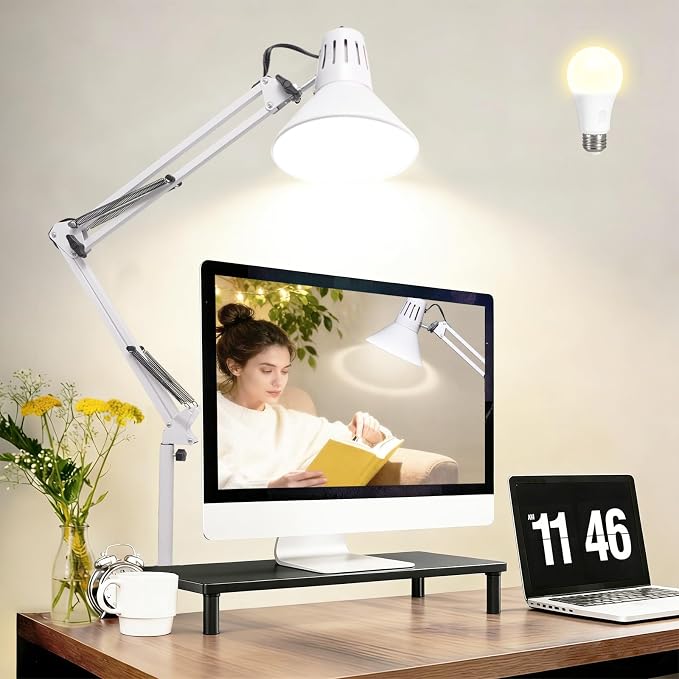 White Desk Lamp with Clamp, Extra-Tall Adjustable Metal Swing Arm, 3000K | Manicurist Table Lamp for Nail Work, Drafting, Sewing, Crafting, College Dorm and Home Office, A19 Bulb Included
