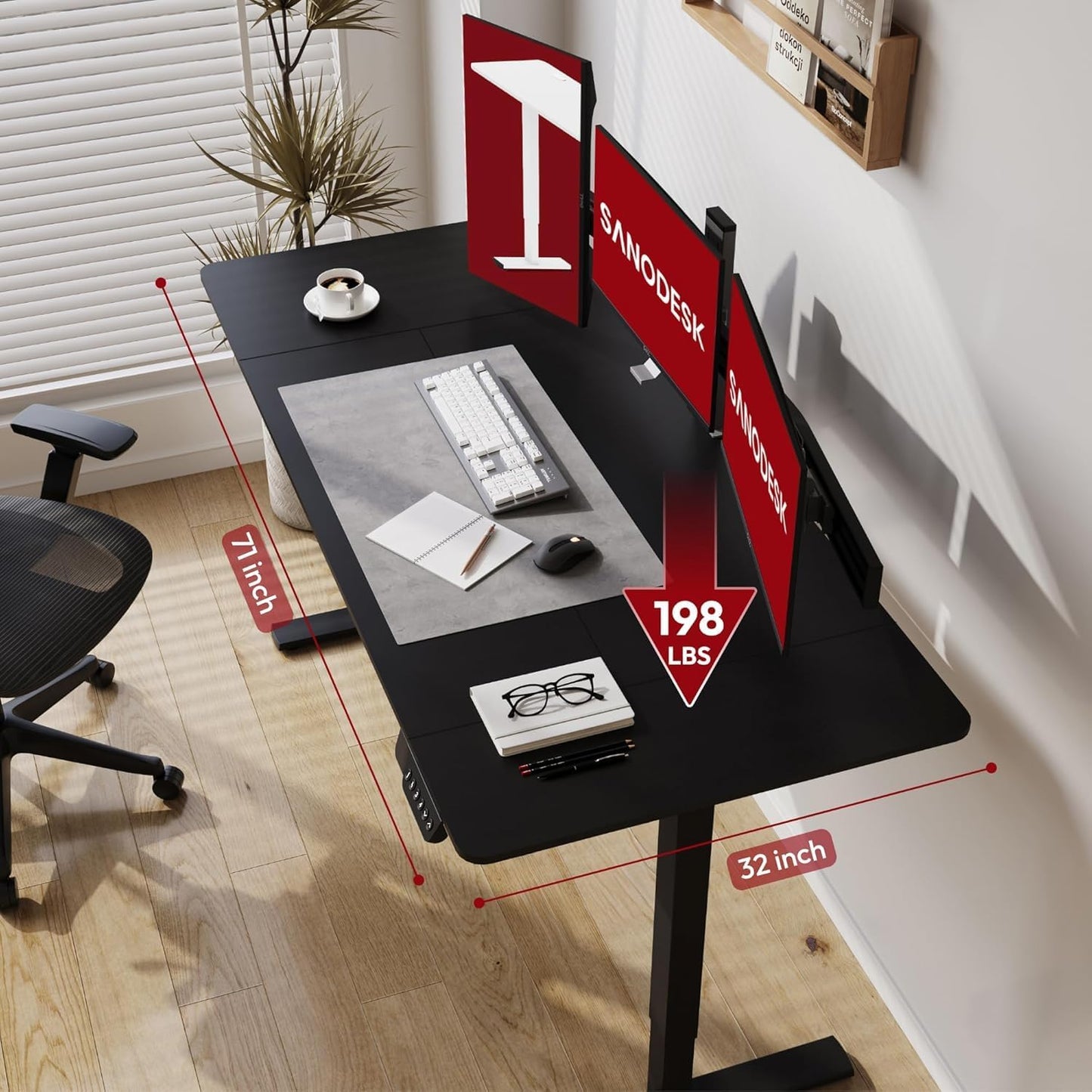 SANODESK Electric Standing Desk 71x32 Inch Height Adjustable Stand Up Desk Home Office Computer Workstation Sit Stand Home Office Desk with Splice Board (Black Frame + Black Top)