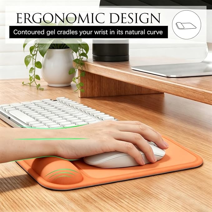 JIKIOU Ergonomic Mouse Pad with Gel Wrist Rest, 10 x 7.25 in, Orange | 40% Larger Rectangular Design-No More Hitting Edges Mid-glide, Savior of Pain Relief, Smooth Lycra Surface, Non-Slip PU Base