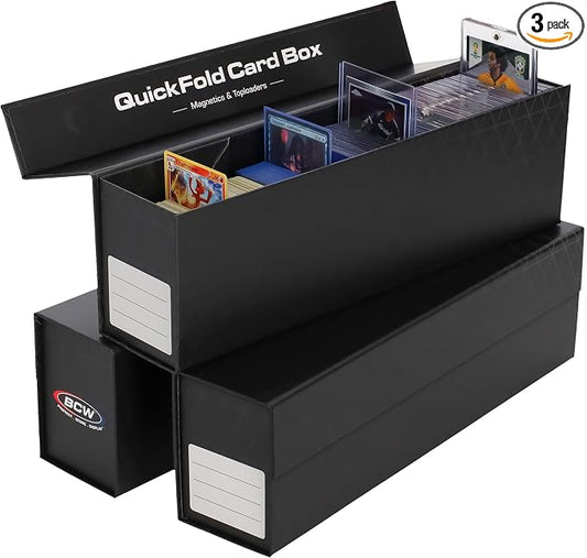 BCW QuickFold® Card Storage Boxes for Magnetics & Toploaders – 3 Pack | Trading Card Holder Box with Magnetic Closure | Easy Fold Assembly for Sports and TCG Cards