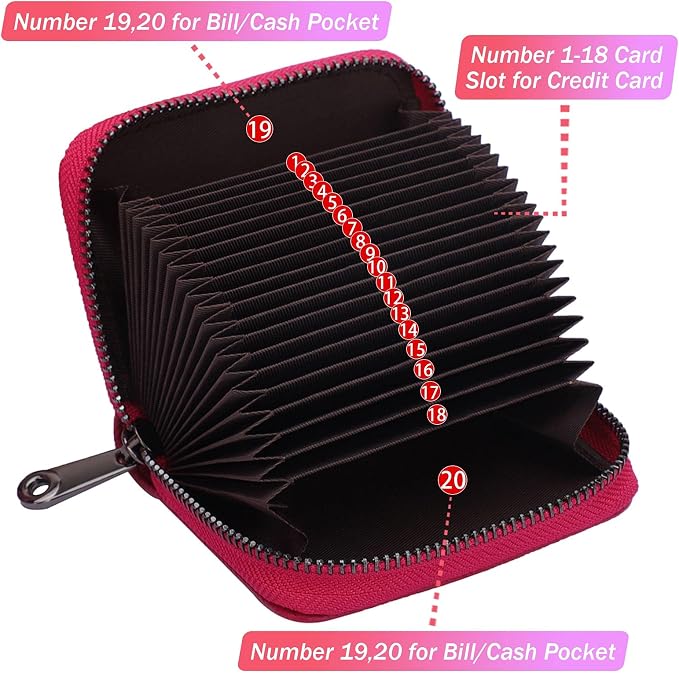 Linno RFID 20 Slots Credit Card Holder Genuine Leather Small Wallet for Women or Men with Zipper