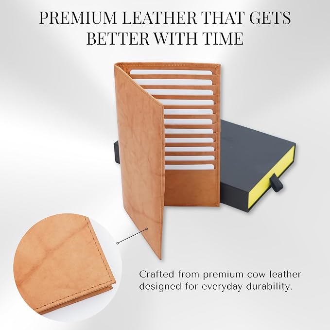 20 Card Wallet for Men, Long RFID Leather Credit Card Holder, Tan | 2 Bill Compartments | ID Window | Open Bifold | Organized Carry | Jacket Friendly