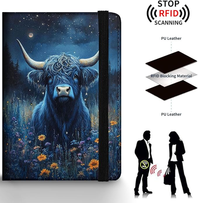 Passport Holder Wallet Cover Case,RFID Blocking Passport Cover,Large Capacity Travel Wallet with Multi Card Slots (Cute Highland Cow)