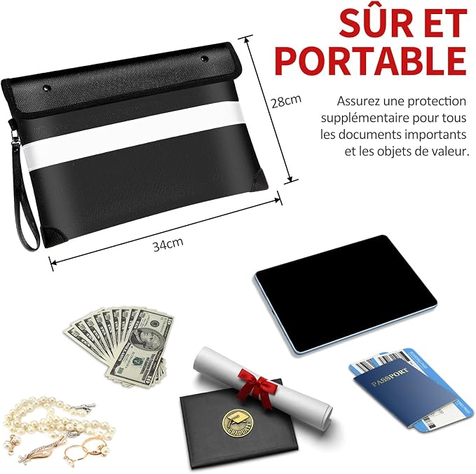Vailoin 6200°F Fireproof Document Bag, 8 Layers of Heat Insulated Materials | Double-sided Reflective Strip, Waterproof Zipper,Certified to SGS UL94 V-1, for Tablet, Cash, A4-sized documents（Black）
