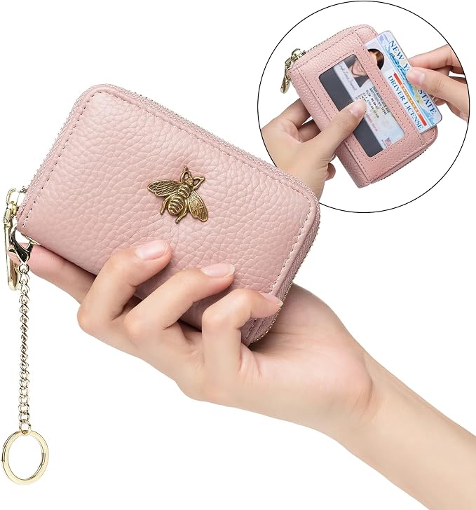 imeetu RFID Credit Card Holder, Small Card Wallet Women, Leather Card Case | Genuine Leather Women's Card & id Cases, Change Coin Purse with Zipper Keychain id Window, 20 Colors & 3 Styles, Daily, Gifts