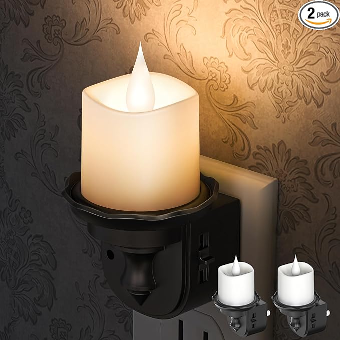 Briignite Candle Night Light, Warm White Night Lights Plug into Wall 2 Pack, LED Flicker Candle Night Light with Light Sensor, 0-100LM Dimmable Nightlight for Kids Hallway Bathroom