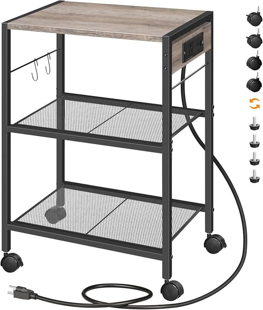 HOOBRO Industrial Printer Stand, 3-Tier Mobile Printer Table, Rolling Cart with Power Outlets and USB Ports, Home Printer Stand with 2 Hooks, for Office, Living Room, Greige and Black BG22UPS01