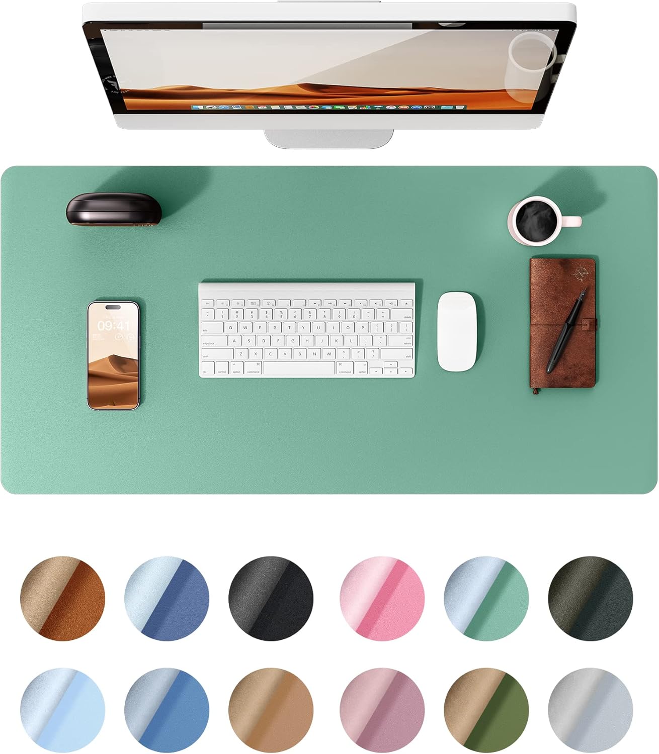 YSAGi Leather Desk Protector, Office Mat, Large Mouse Mat, Non-Slip PU Leather Blotter, Laptop Desk, Waterproof Writing Pad for Office and Home (Green-Blue, 35.4" x 17")