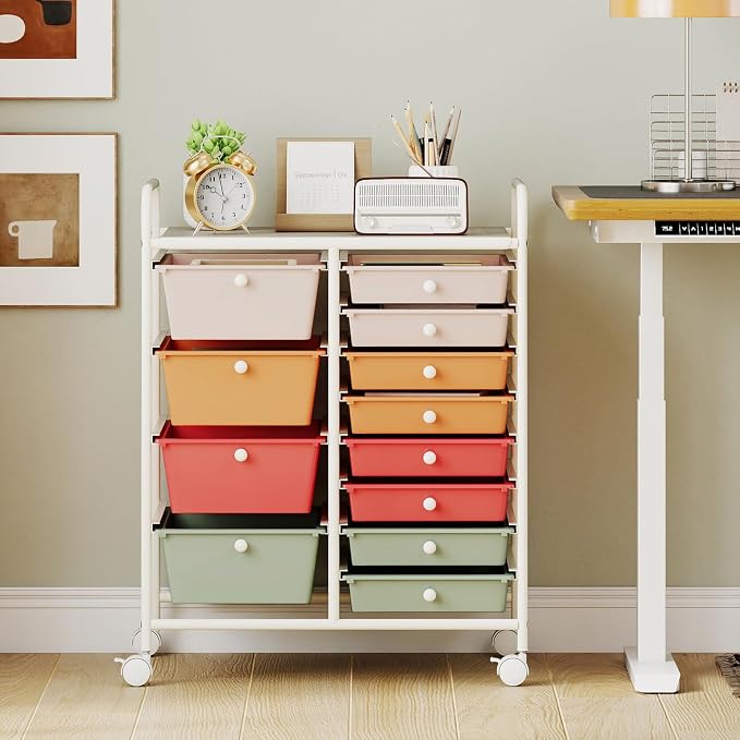 12 Drawer Rolling Storage Cart, Rolling Cart with Drawers for Classroom, Art Supply Craft Organizer on Wheel with Metal Frame & Handles for Home Office School (Macaron, 12 Drawer Left-Right)