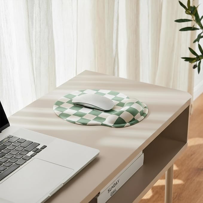 Ohocut Sage Green Checkered Mouse Pad with Gel Wrist Rest, Wrist Support, Ergonomic Desk Accessories for Women, Office Laptop Gaming Decor, Cute Aesthetic Trendy Check Design