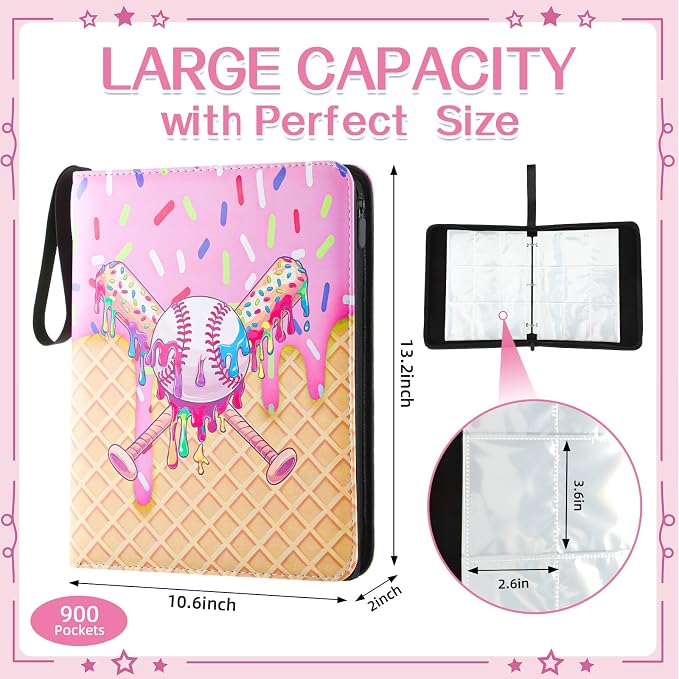 Ice Cream Drip Pattern Baseball Card Binder Waterproof Trading Card Binder Portable Collector Cardholder Album Case Gifts Baseball Cardholder for Boys Sports Game Supplies(900 Pocket,Pink)