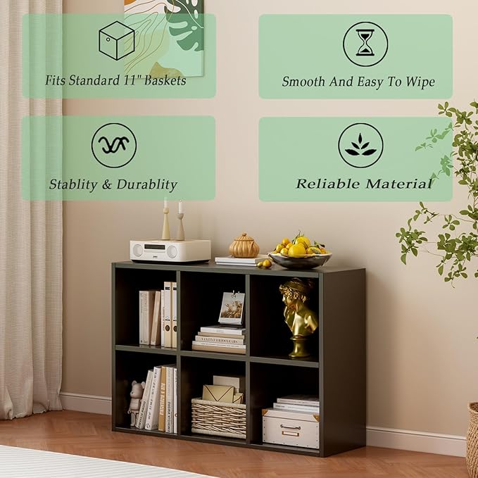 6-Cube Storage Shelf Bookcase - Wooden 3-Tier Floor Standing Open Bookshelf for Home and Office, Display Cabinet, Black