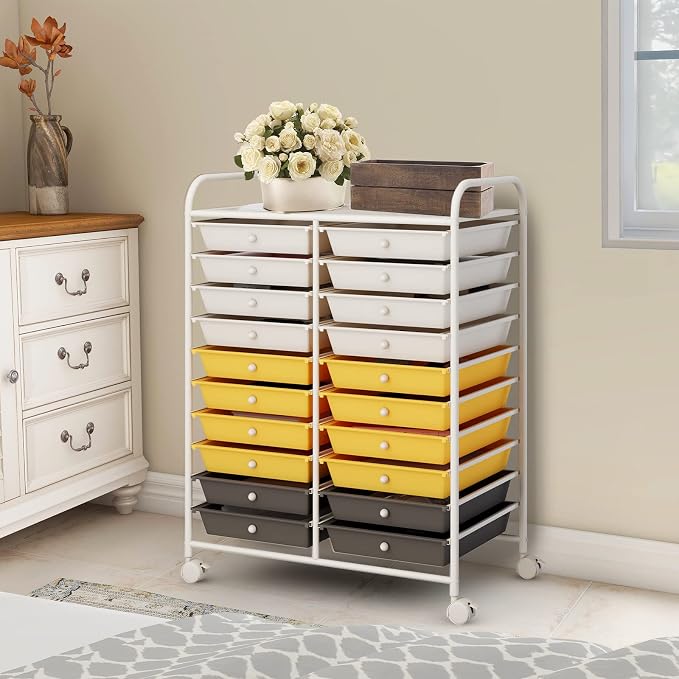 COSTWAY 20-Drawer Rolling Storage Cart, Utility Storage Organizer Cart | For Tools, Scrapbook, Paper, Craft, Multipurpose Storage Trolley on Wheels for Home Office School (Yellow, Beige & Grey)
