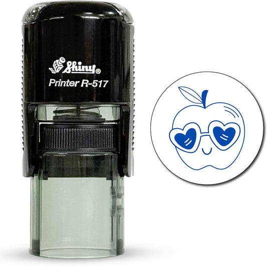 Shiny Cool Apple Teacher Stamp, Round Self Inking Stamp for Classroom, Blue Ink