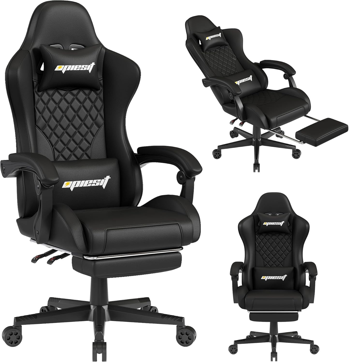 Gaming Chair,Ergonomic Computer Chairs for Adults with Footrest, PU Leather Office Chair with Adjustable Lumbar Support & Pocket Spring Cushion - Heavy Duty 400lb Capacity Gamer Chair(Black)