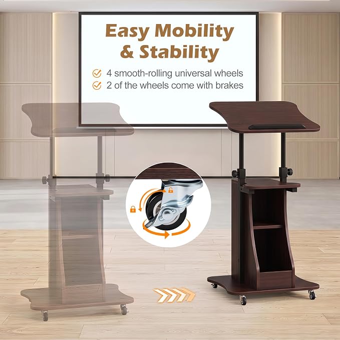 Tangkula Mobile Lectern Podium, Height Adjustable Podium Stand, Sit-to-Stand Desk with Tilting Tabletop & Storage Shelves, Rolling Laptop Cart Desk with Lockable Casters for Home Office School (Brown)