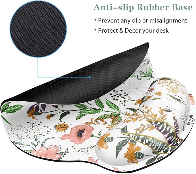 WAVEYU Ergonomic Mouse Pad with Wrist Support, Decorative Mouse Mat, Non-Slip Rubber Base Mousepad for Desk Laptop Gaming Working Computers Easy Typing & Pain Relief, 9''x 10'', White Flower