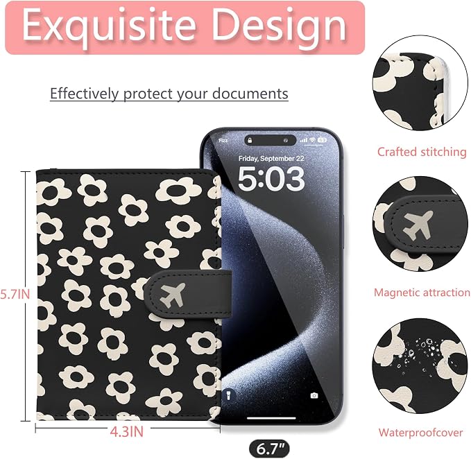 Passport Holder, Cute Travel Wallet Cover with RFID Blocking,Flower | PU leather travel wallet with magnetic closure, card slots, pen loop, and easy access for passports and essentials.