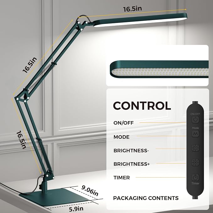 LED Desk Lamp with Slim Base - Adjustable Swing Arm Desk Light, Dimmable, Timer, Eye Protection, Memory Function, 1300LM, 12W, Green
