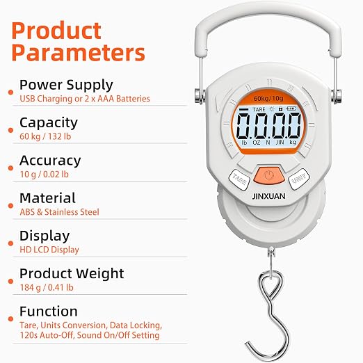 Fishing Scale 132lb/60kg Luggage Scale Digital Fish Scale with Backlit LCD Display, Fish Weight Scale Luggage Weight Scale Hanging Scale with 4 Units USB Cord, Fishing Accessories Fishing Gift