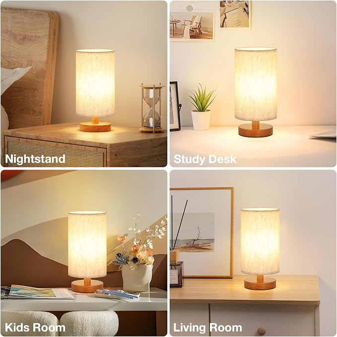 Small Table Lamps (Cream Shade - Walnut Base, 9" Inline Control) | 3000K LED Blub Included | 680 Lumens | Easy Assembly | Minimalist Design | E26 | for Kitchen | for Kids Room