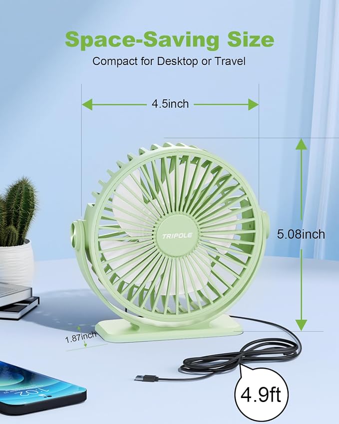 TriPole Desk Fan USB Powered Small Portable, 360°Rotation Mini Personal Fan | Green, 3 Speeds Plug In USB Fan, Desk Fans Small Quiet, 4.9ft Cable, Strong Breeze for Desktop Bedroom Office Table Travel