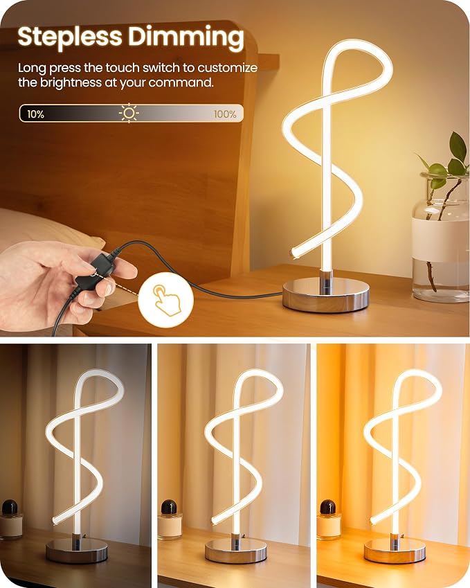 Modern LED Table Lamp, Bedside Lamp with 3 Color Temperatures, Adjustable Brightness, 360° LED Lighting Spiral Design, Sliver Desk Lamp, Spiral Lamp for Bedroom, Living Room, Office, S63TL05