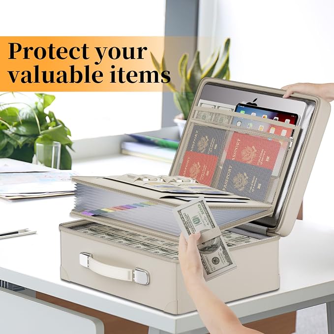DocSafe 6400°F Fireproof Document Box with Lock, 10 Layers Heat Insulated | Fire&Water Resistant,Hard Case Safe Box with Zipper＆Multi Pockets, Protects Personal Items,Documents,Laptop,Passport,Beige