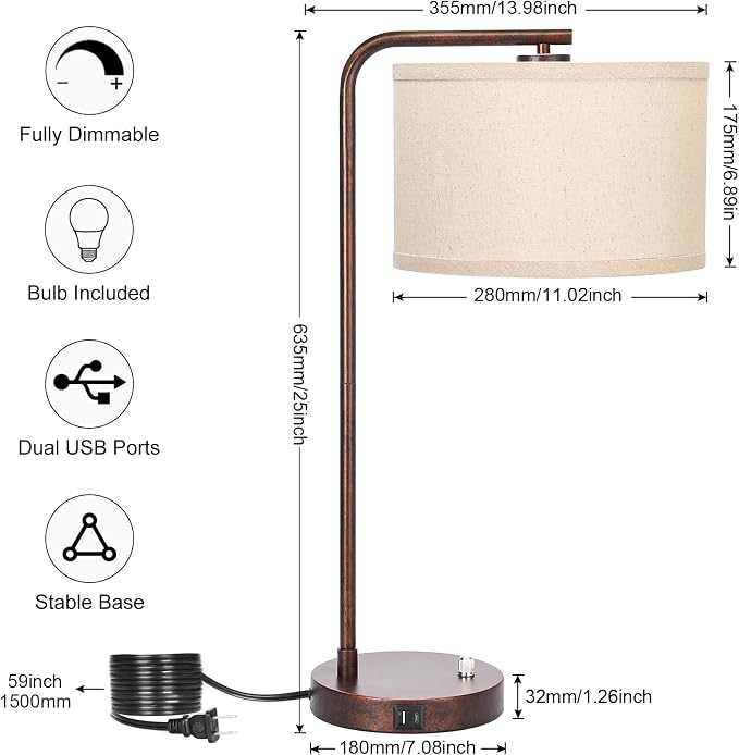 Vintage Table Lamp, Fully Dimmable Bedside Lamp with C+A USB Charging Ports | 25" Farmhouse Bedside Lamp Nightstand Light, Tall Reading Desk Lamp for Living Room Bedroom Office, LED Bulb Included