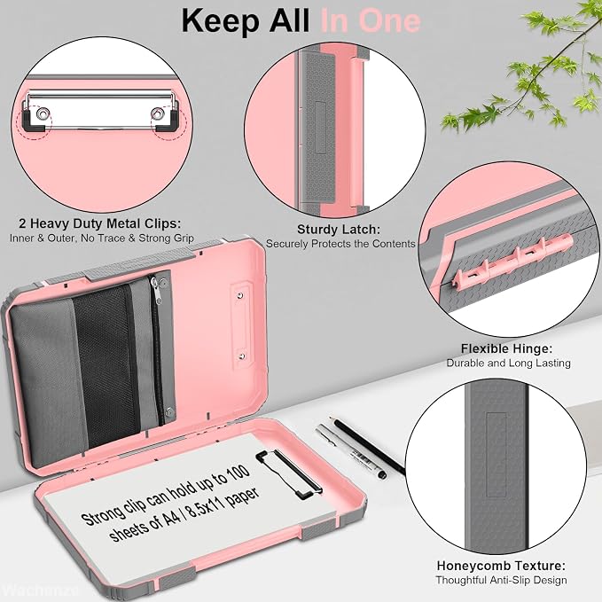 Clipboard, Clipboard with Storage, Heavy Duty Clip Boards 8.5x11, Protective Over Molded Edge, Plastic Clipboards, Contractor Folder with Internal Pen Pouch for Driver (Rose Pink)