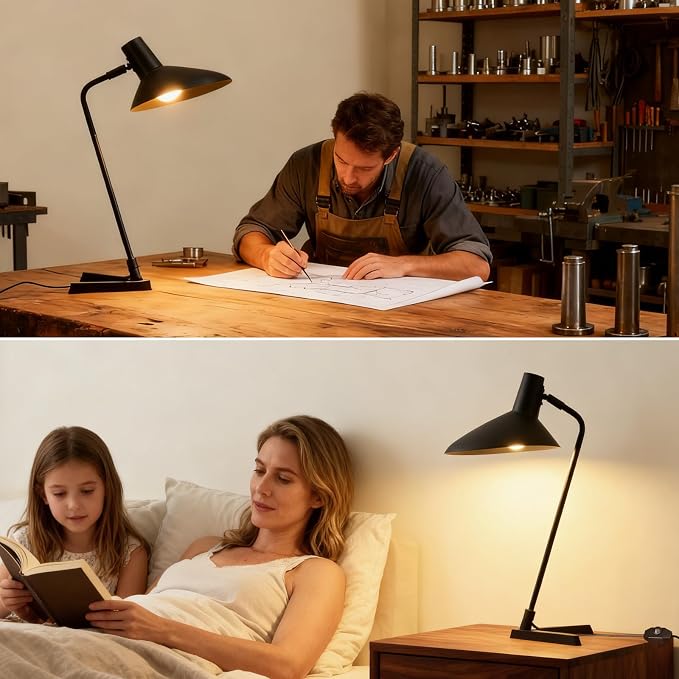 Industrial Desk Lamp Metal Modern Table Lamp 22", Adjustable Neck (4000K) with Adjustable Switch, Ideal for Office Desk Bedroom Bedside Lamps Study Room Living Room Side Table (Sand Black)
