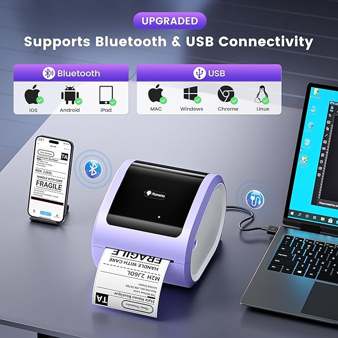 Phomemo D520BT Bluetooth Thermal Label Printer, 4X6 Wireless Shipping Label Printer Build-in Holder, Thermal Label Maker for Shipping Package, Compatible with Amazon, USPS, Shopify, Ebay, Purple