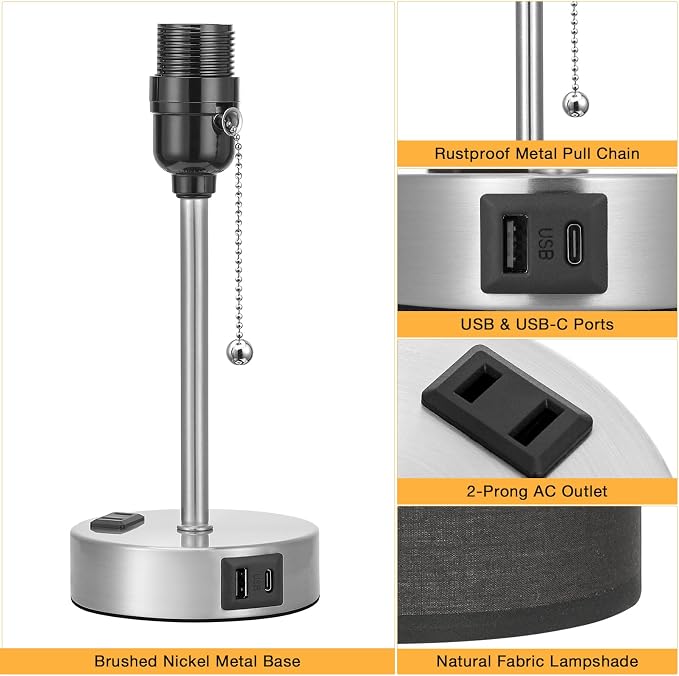 Small Bedside Table Lamp for Bedroom - Desk Lamp with USB Ports for Dorm | USB A+C Ports, AC Outlet, 3 Color Temperatures, LED Bulb Included, Black Fabric Shade, Sleek Silver, 14" Night Stand Lamp